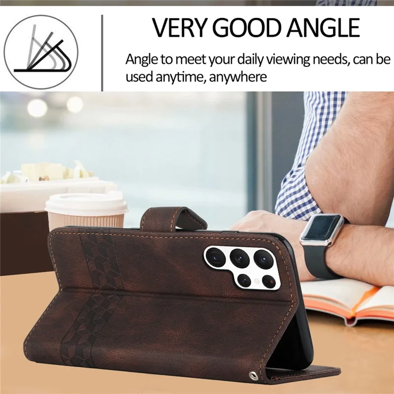 For Samsung Galaxy S24 Ultra Phone Case with Strap Imprint PU Leather Wallet Stand Cover - Coffee