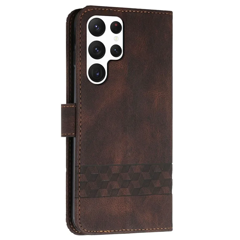 For Samsung Galaxy S24 Ultra Phone Case with Strap Imprint PU Leather Wallet Stand Cover - Coffee
