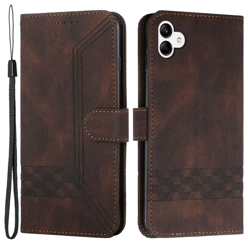 For Samsung Galaxy A05 4G Phone Case with Strap Imprint PU Leather Wallet Stand Cover - Coffee