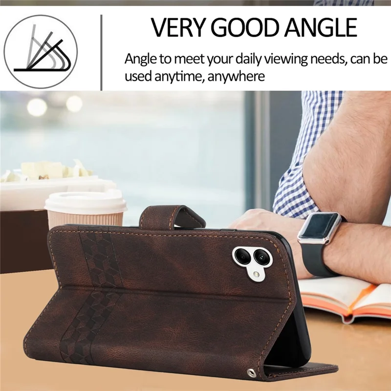 For Samsung Galaxy A05 4G Phone Case with Strap Imprint PU Leather Wallet Stand Cover - Coffee