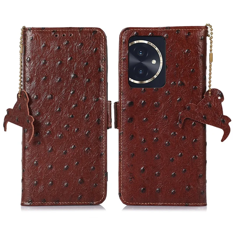 For Honor 100 5G Case RFID Blocking Genuine Cow Leather Phone Cover - Coffee