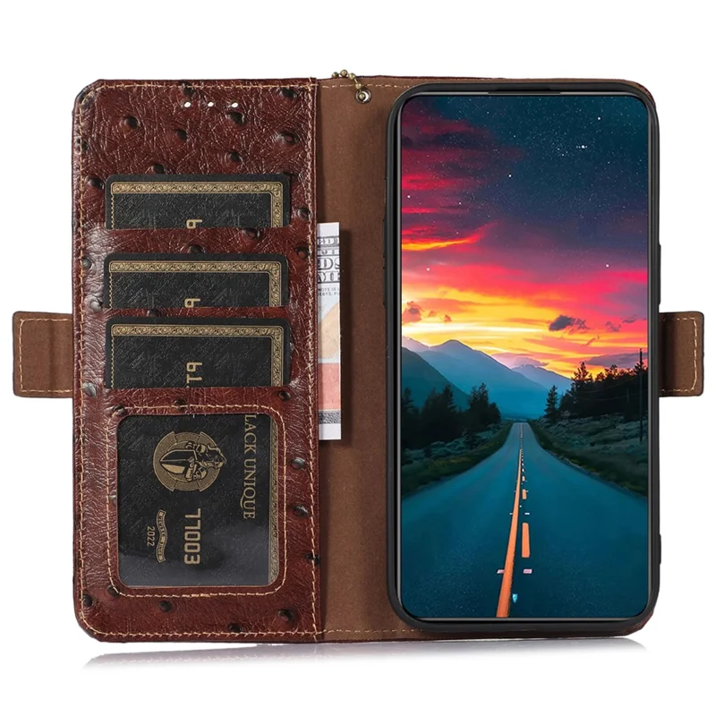 For Honor 100 5G Case RFID Blocking Genuine Cow Leather Phone Cover - Coffee