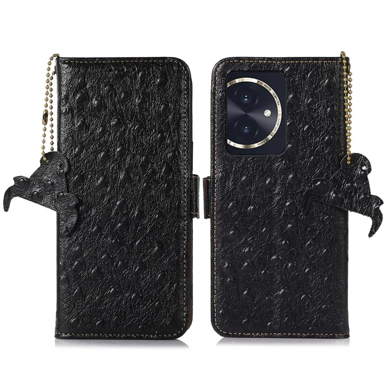 For Honor 100 5G Case RFID Blocking Genuine Cow Leather Phone Cover - Black