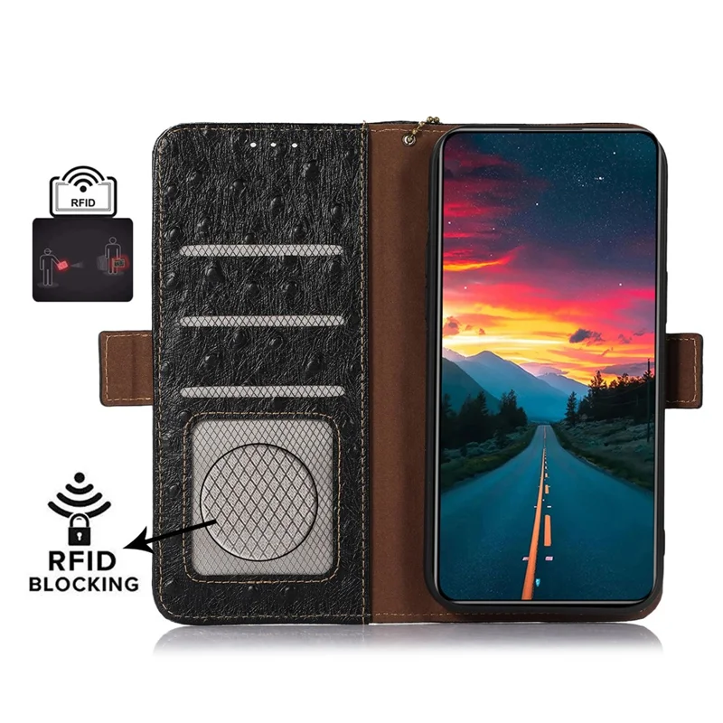 For Honor 100 5G Case RFID Blocking Genuine Cow Leather Phone Cover - Black