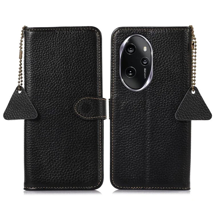 For Honor 100 Pro 5G Case Genuine Cow Leather Cover with RFID Blocking Wallet - Black
