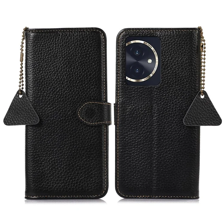 For Honor 100 5G Case RFID Blocking Genuine Cow Leather Litchi Texture Phone Cover - Black