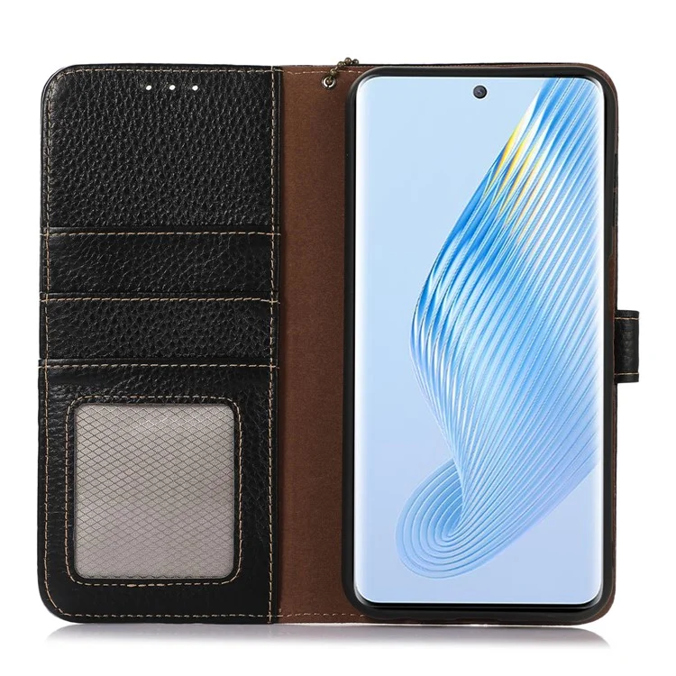 For Honor 100 5G Case RFID Blocking Genuine Cow Leather Litchi Texture Phone Cover - Black