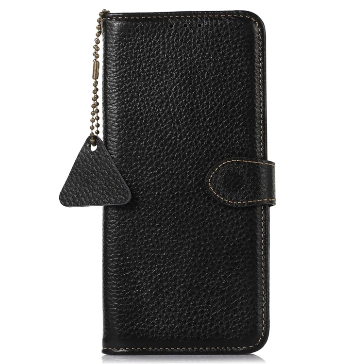 For Honor 100 5G Case RFID Blocking Genuine Cow Leather Litchi Texture Phone Cover - Black