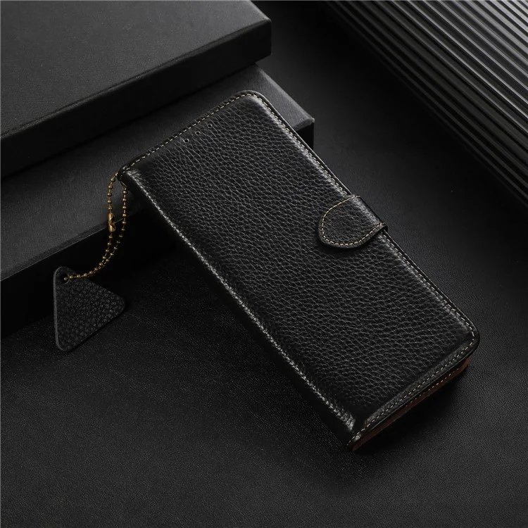 For Honor 100 5G Case RFID Blocking Genuine Cow Leather Litchi Texture Phone Cover - Black