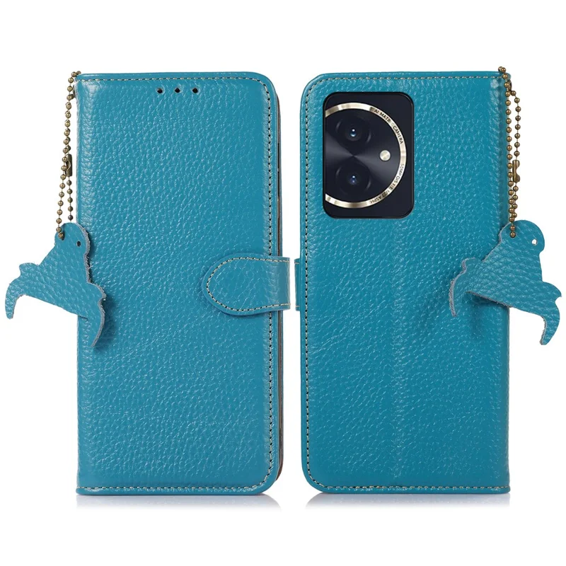 For Honor 100 5G Case RFID Blocking Genuine Cow Leather Litchi Texture Phone Cover - Blue