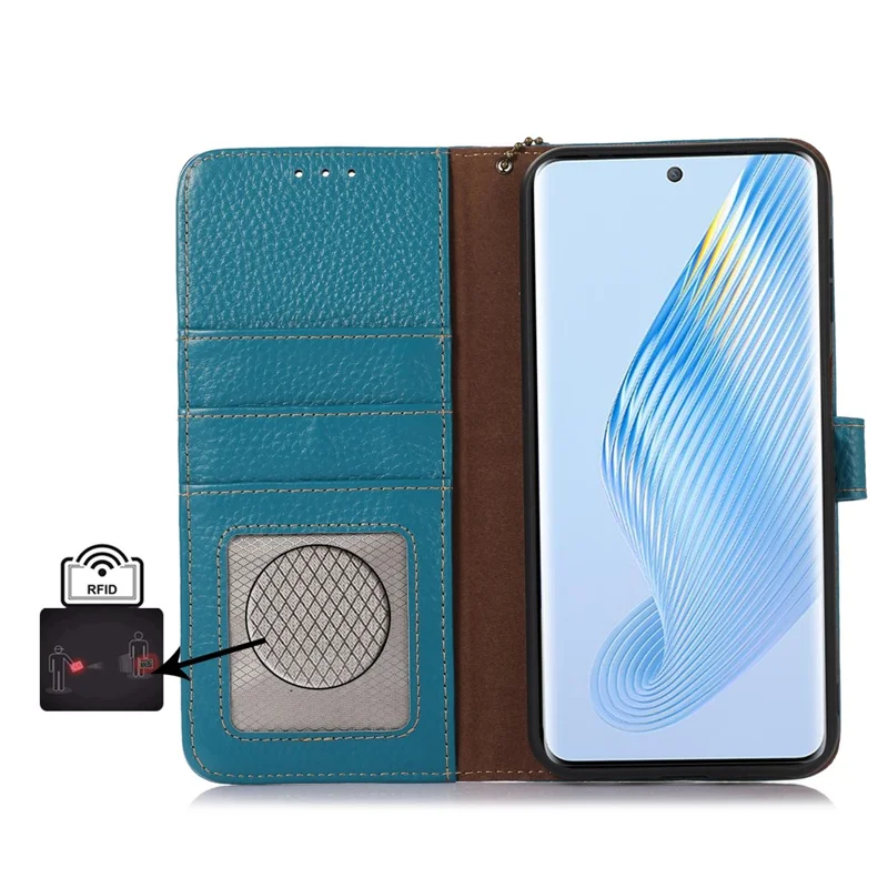For Honor 100 5G Case RFID Blocking Genuine Cow Leather Litchi Texture Phone Cover - Blue