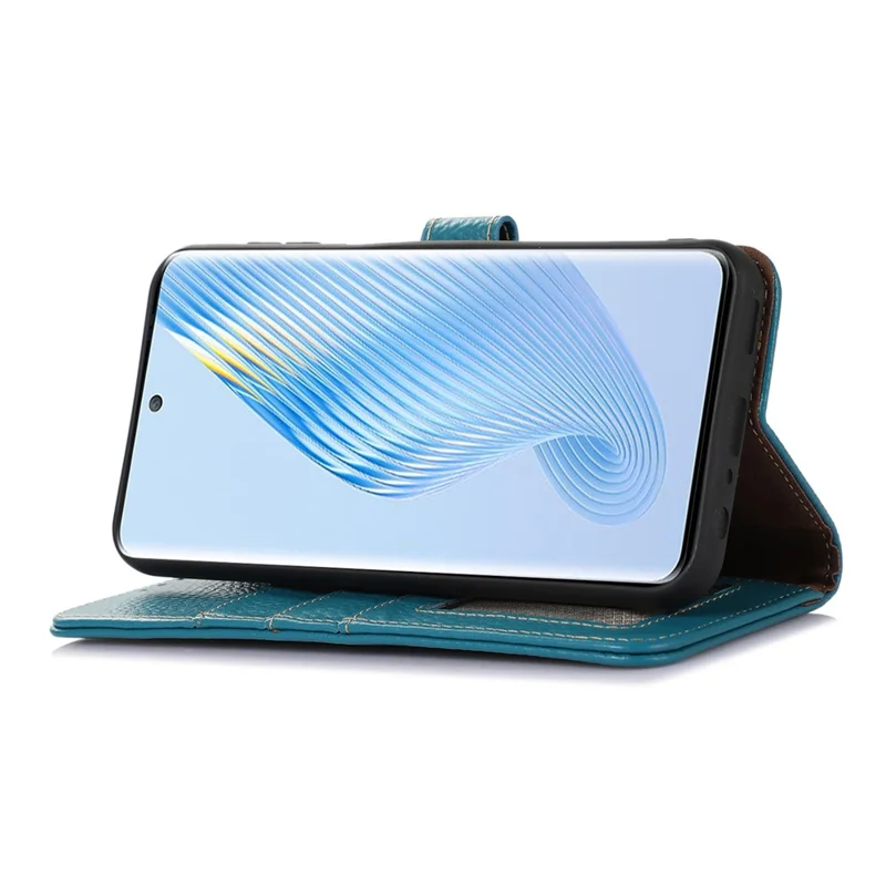 For Honor 100 5G Case RFID Blocking Genuine Cow Leather Litchi Texture Phone Cover - Blue