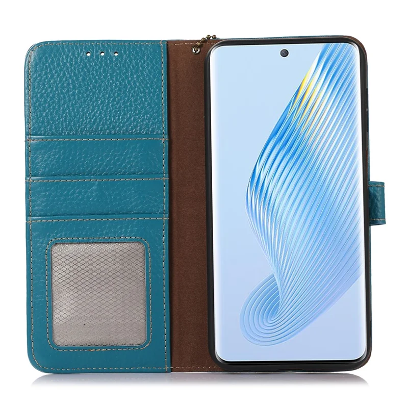 For Honor 100 5G Case RFID Blocking Genuine Cow Leather Litchi Texture Phone Cover - Blue