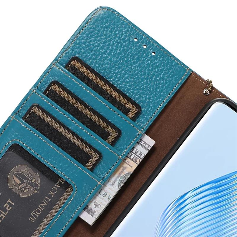 For Honor 100 5G Case RFID Blocking Genuine Cow Leather Litchi Texture Phone Cover - Blue