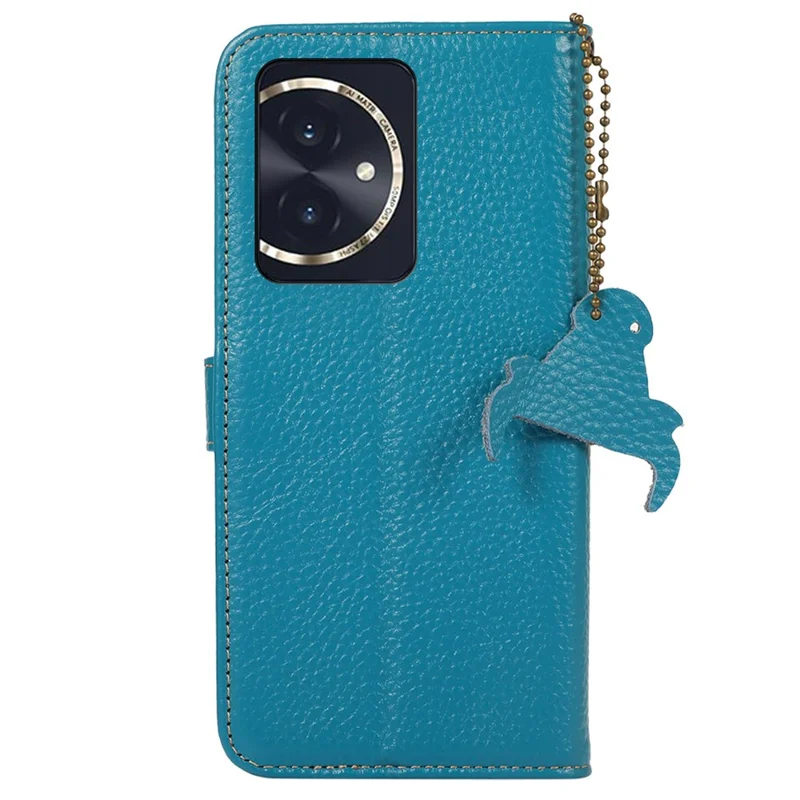 For Honor 100 5G Case RFID Blocking Genuine Cow Leather Litchi Texture Phone Cover - Blue