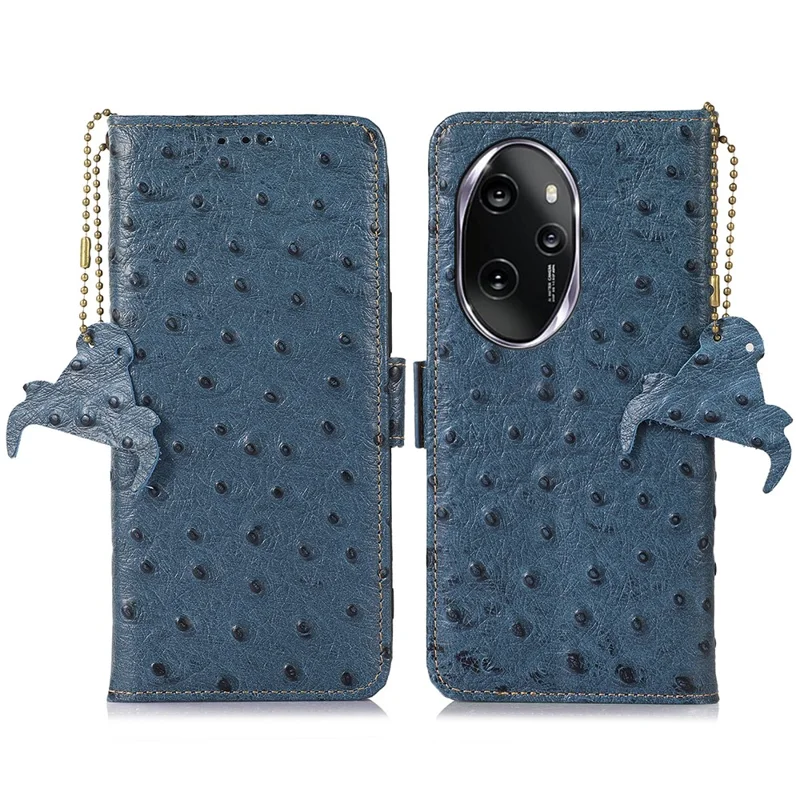 For Honor 100 Pro 5G Case Genuine Cow Leather RFID Blocking Wallet Cover - Blue