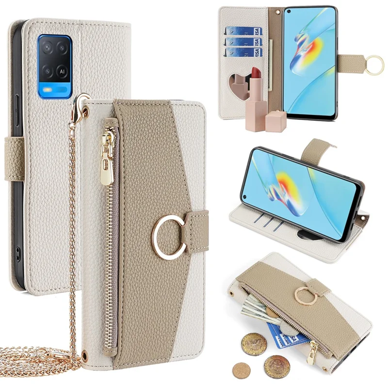 For Oppo A54 4G Leather Case Stand Multi-functional Mobile Phone Cover Wallet with Chain Strap - White