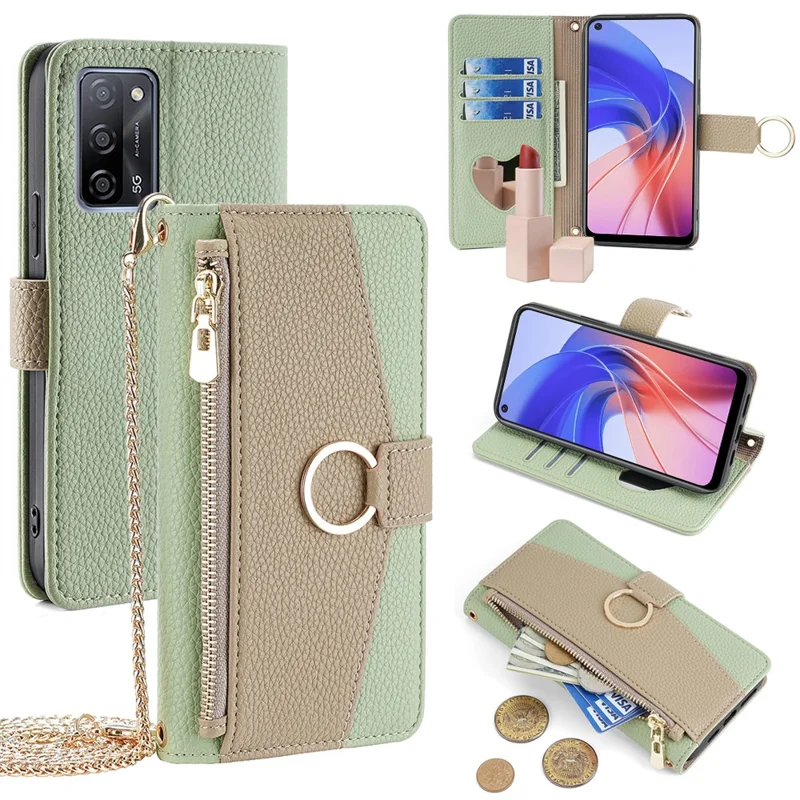 For Oppo A55 5G Case with Card Holder Leather Phone Cover Stand Wallet - Green
