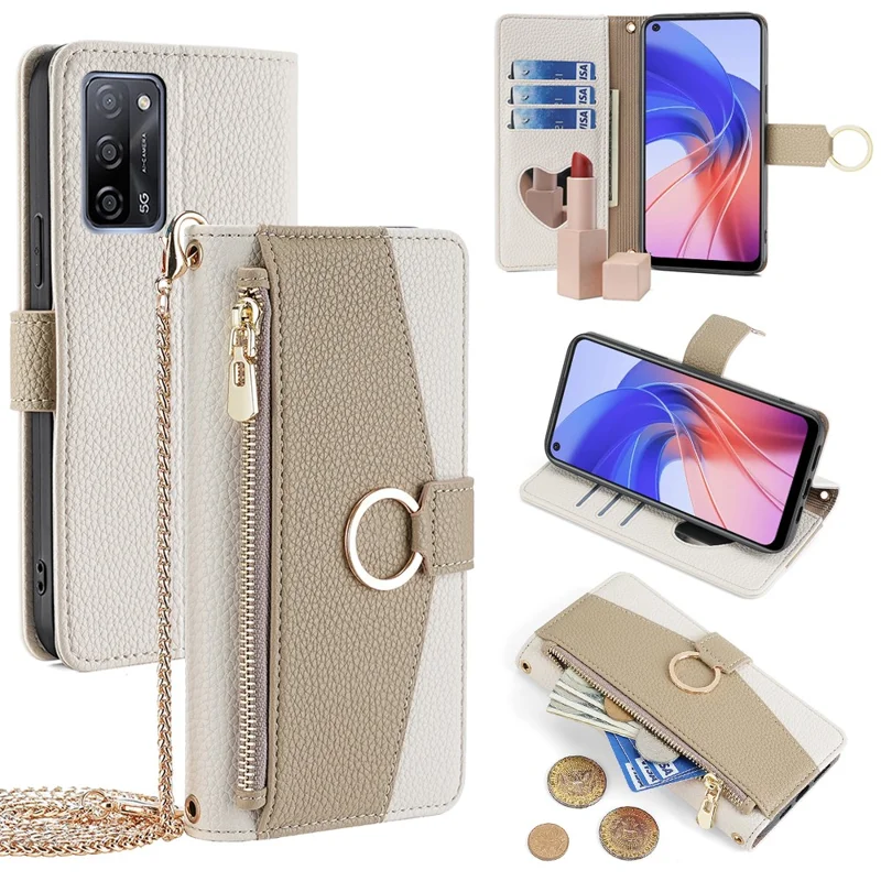 For Oppo A55 5G Case with Card Holder Leather Phone Cover Stand Wallet - White