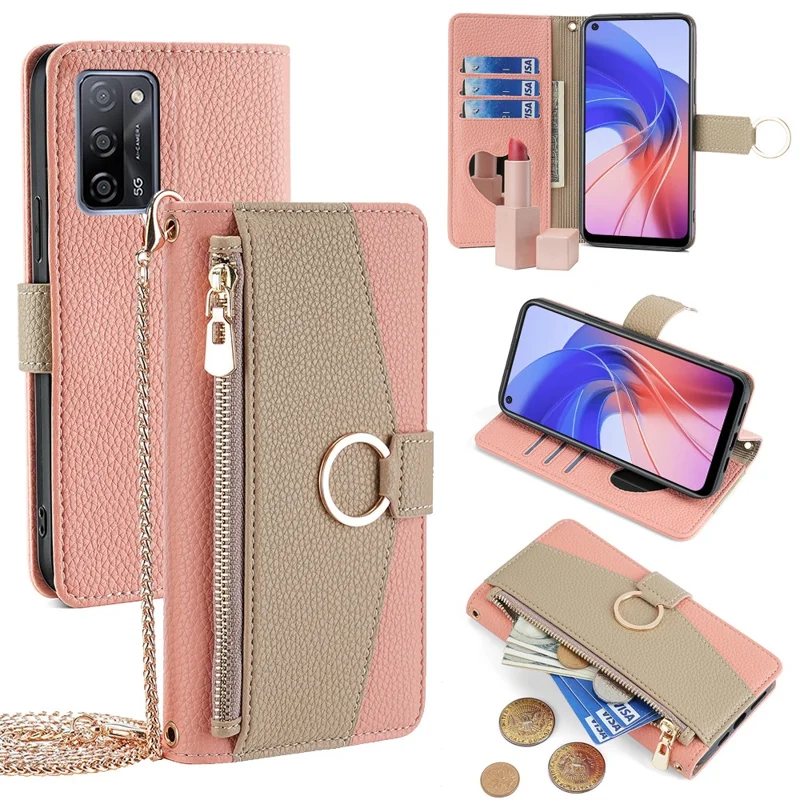 For Oppo A55 5G Case with Card Holder Leather Phone Cover Stand Wallet - Pink