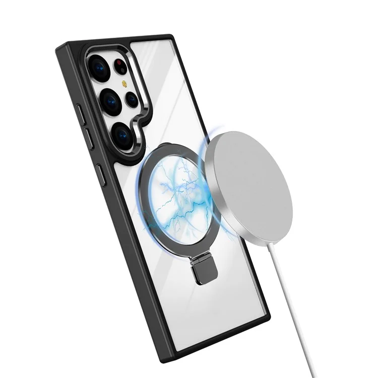 Для Samsung Galaxy S24 Ultra Case Shockproof TPU+Acrylic Kickstand Clear Phone Cover Compatible with MagSafe - Черный