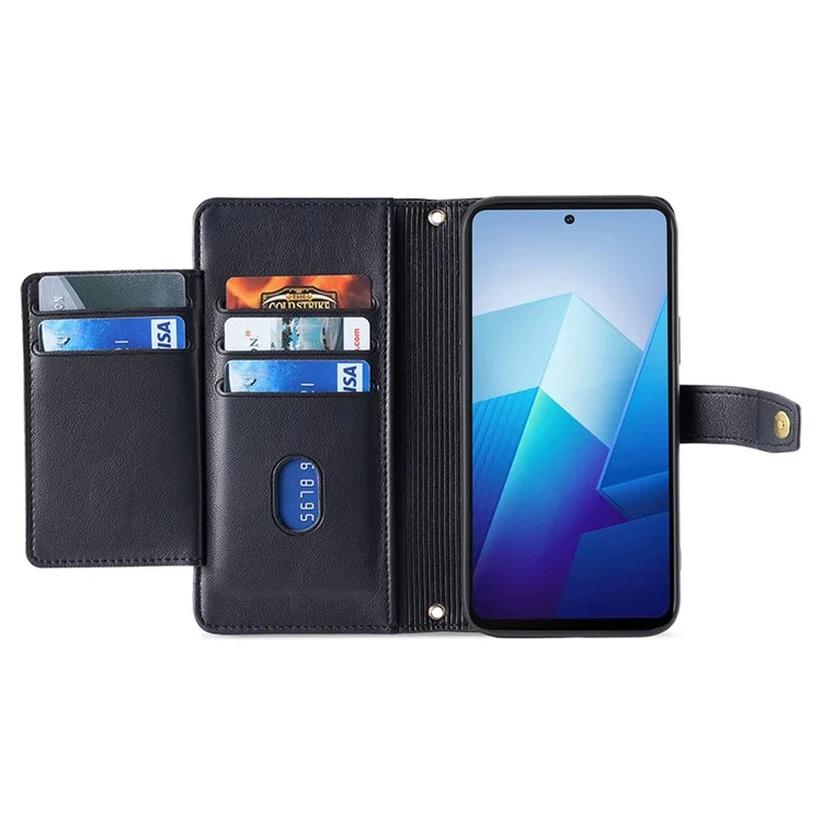 Para vivo V29e (Global) 5G Case Wallet Leather Stand Phone Cover com 2 alças - Preto