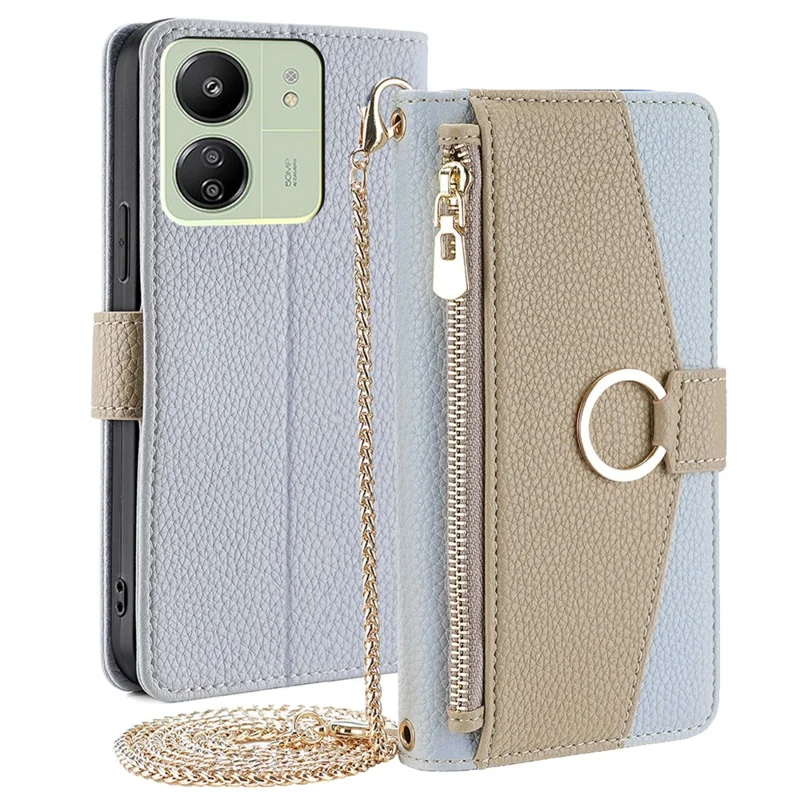 For Xiaomi Redmi 13C 4G / 5G / 13R 5G / Poco M6 5G / Poco C65 4G Case PU Leather Zipper Pockets Phone Cover with Mirror - Blue