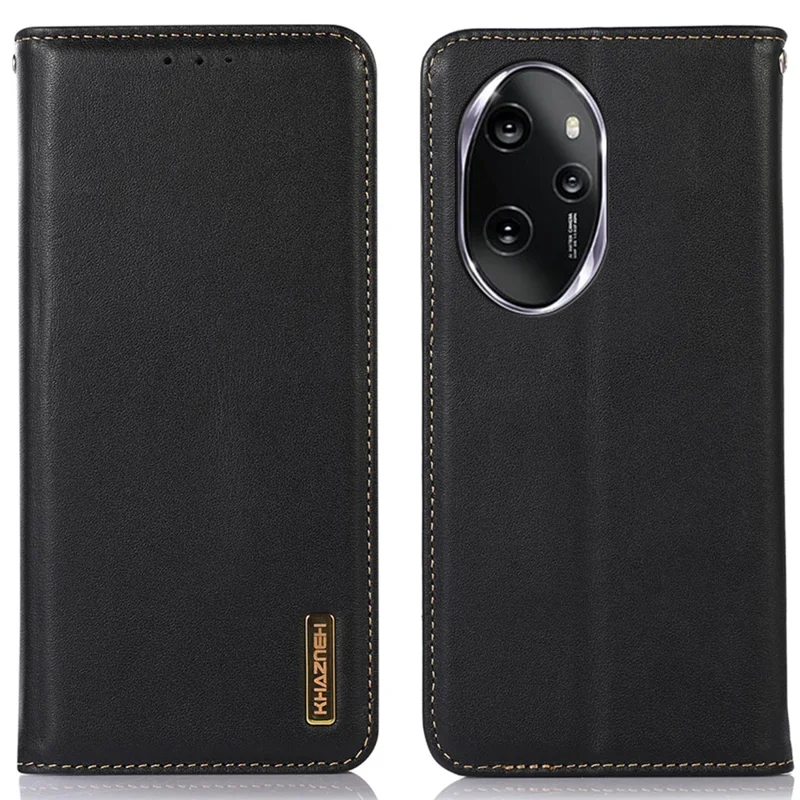 KHAZNEH For Honor 100 Pro 5G Capa Genuína de Couro Napa de Vaca com Fecho Magnético - Preto 