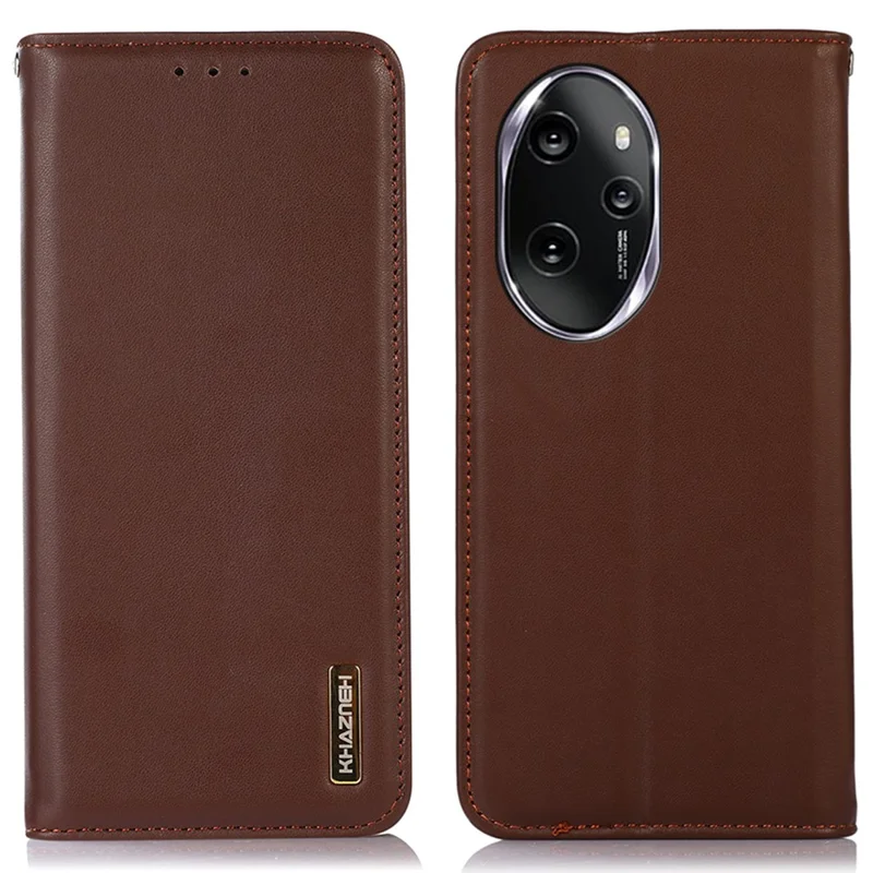 KHAZNEH For Honor 100 Pro 5G Case Genuine Cow Leather Nappa Texture Cover with Magnetic Closure - Brown