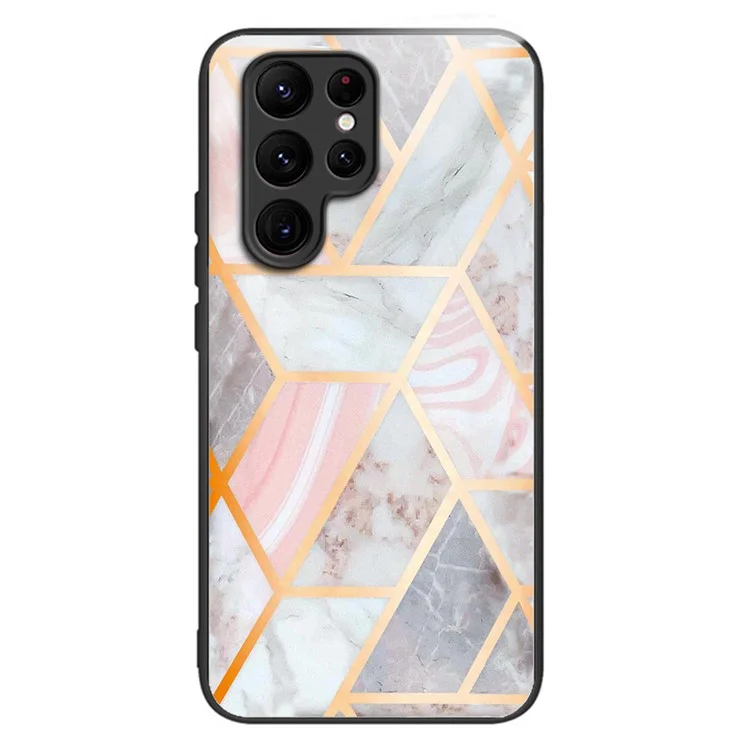 Pour Samsung Galaxy S24 Ultra Case Tempered Glass+TPU Pattern Printing Phone Cover - Pink Splicing Marble