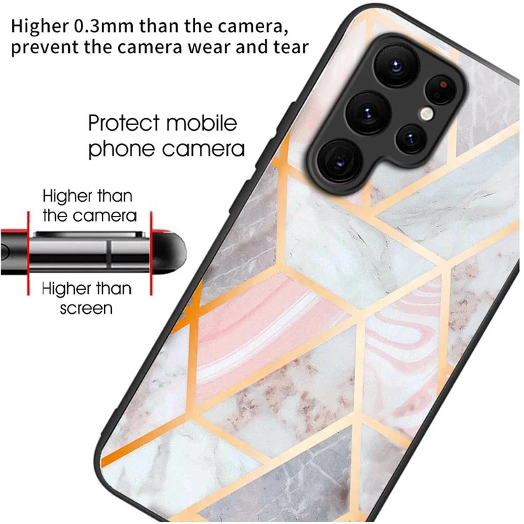 Pour Samsung Galaxy S24 Ultra Case Tempered Glass+TPU Pattern Printing Phone Cover - Pink Splicing Marble