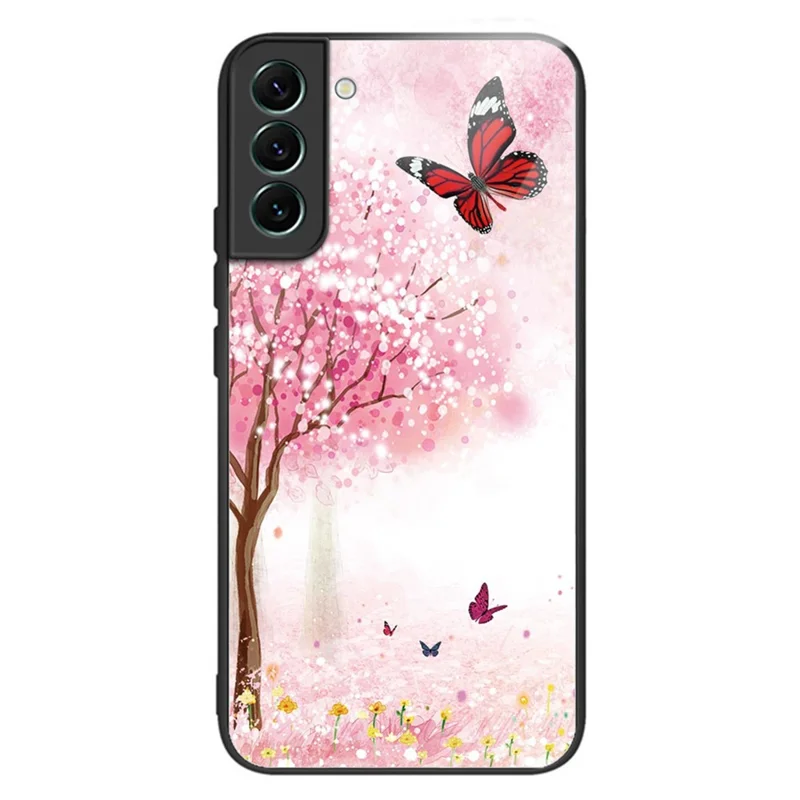 For Samsung Galaxy S24 Phone Case Tempered Glass+TPU Pattern Printed Back Cover - Cherry Blossom Trees