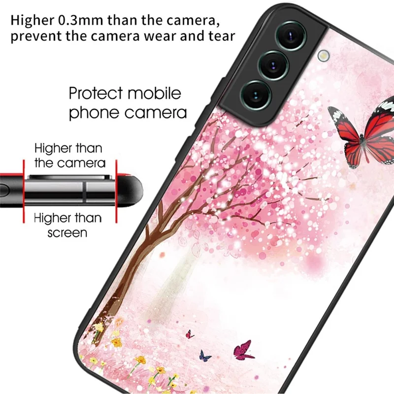 For Samsung Galaxy S24 Phone Case Tempered Glass+TPU Pattern Printed Back Cover - Cherry Blossom Trees