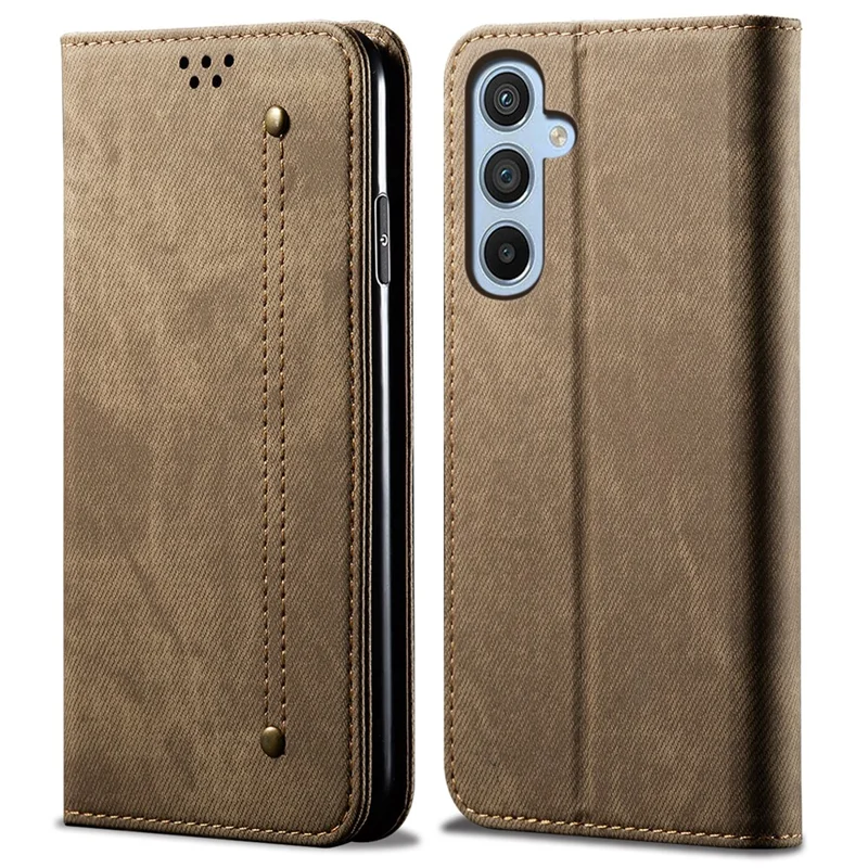 For Samsung Galaxy A35 5G Wallet Case Jeans Cloth Texture PU Leather Cover - Khaki