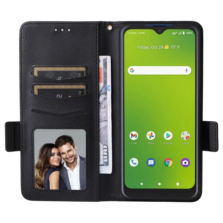 Für Cricket Magic 5G / AT&T Propel 5G Ledertasche Litchi-Textur Brieftasche Handyhülle mit Gurt - Schwarz