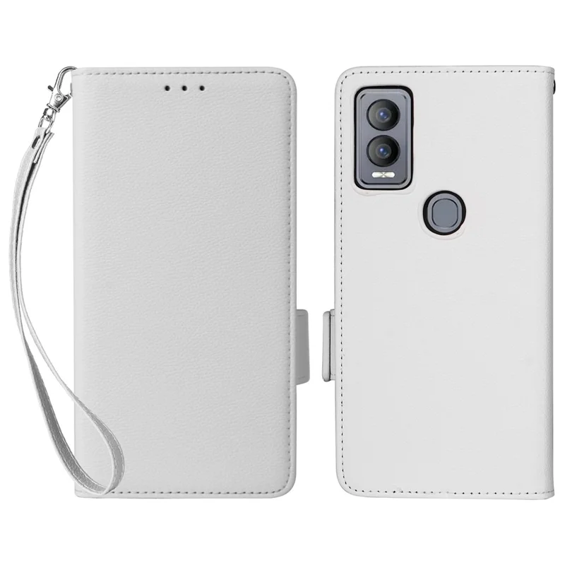 For Cricket Magic 5G / AT&T Propel 5G Leather Case Litchi Texture Wallet Phone Cover with Strap - White