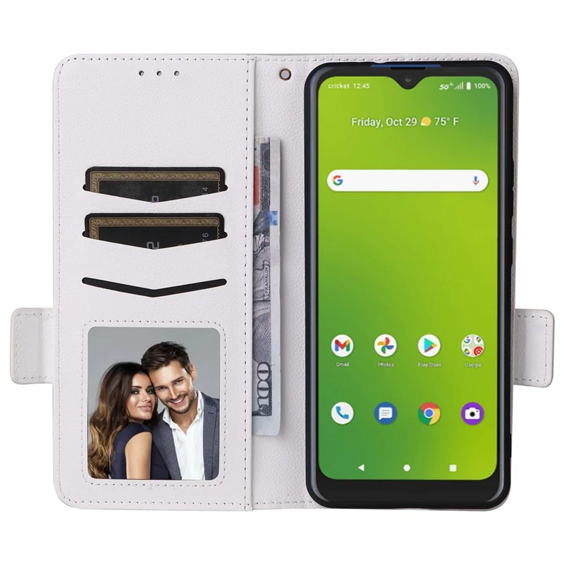 For Cricket Magic 5G / AT&T Propel 5G Leather Case Litchi Texture Wallet Phone Cover with Strap - White