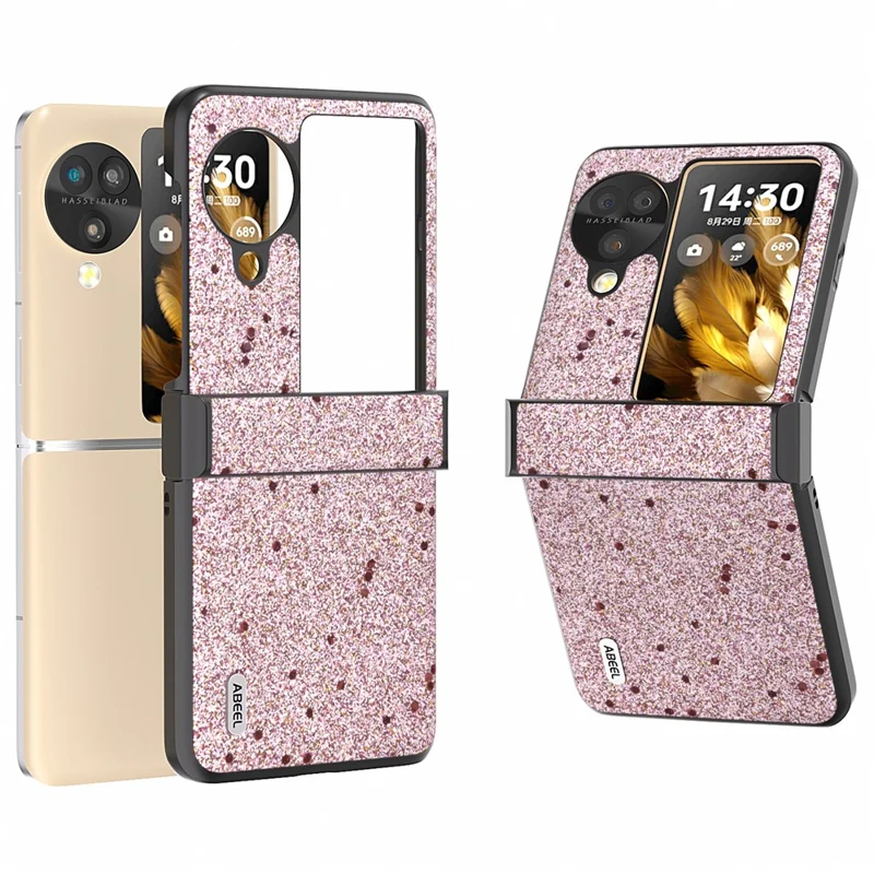 ABEEL Pour Oppo Find N3 Flip 5G Étui de téléphone Glitter PU Leather Charnière Protection Cover - Rose
