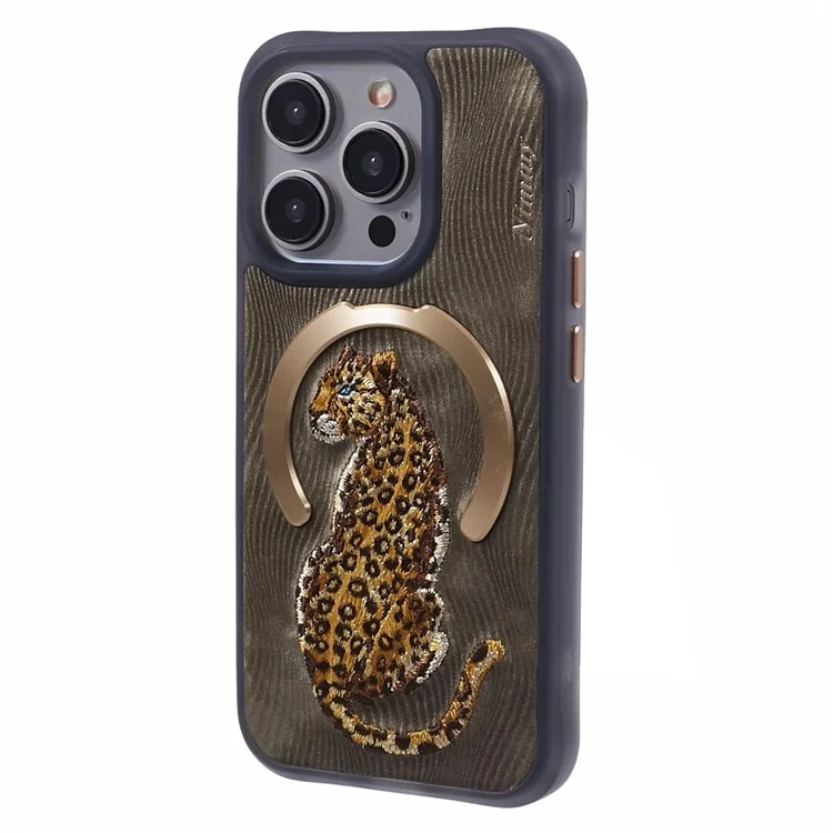 NIMMY For iPhone 15 Pro Max Magnetic Case Embroidered Patern Design Phone Cover - Leopard