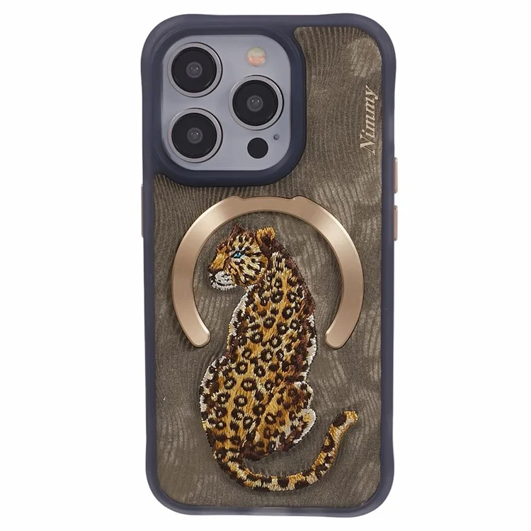 NIMMY For iPhone 15 Pro Max Magnetic Case Embroidered Patern Design Phone Cover - Leopard