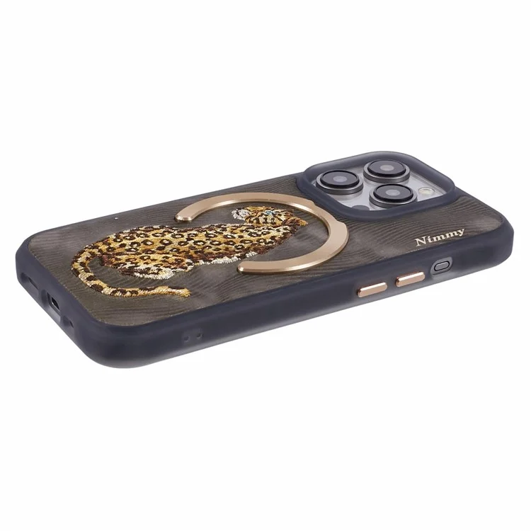NIMMY For iPhone 15 Pro Max Magnetic Case Embroidered Patern Design Phone Cover - Leopard