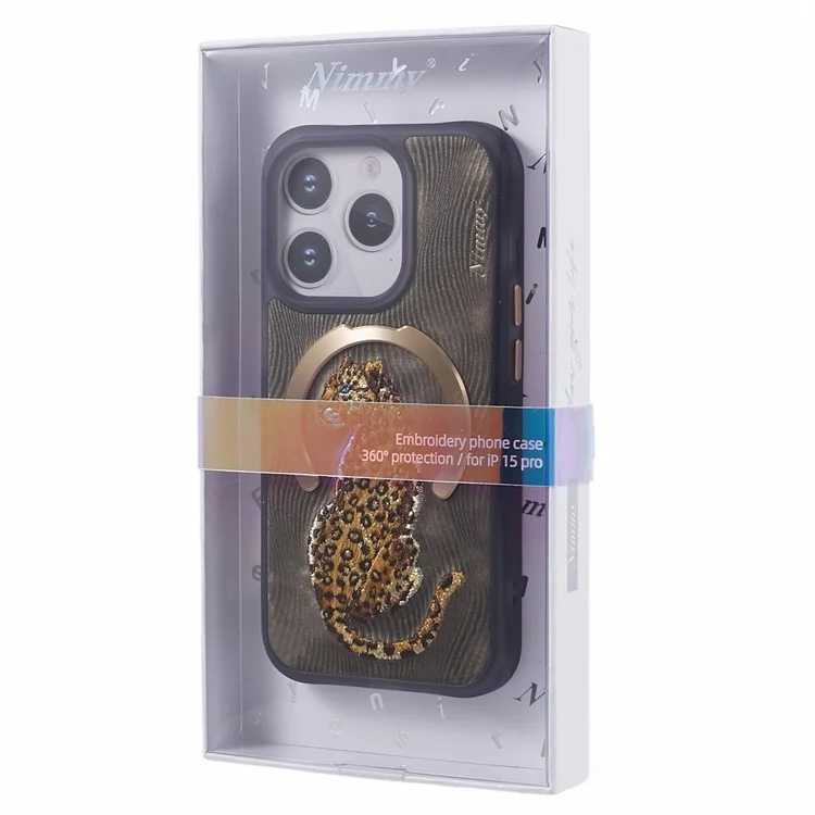 NIMMY For iPhone 15 Pro Max Magnetic Case Embroidered Patern Design Phone Cover - Leopard