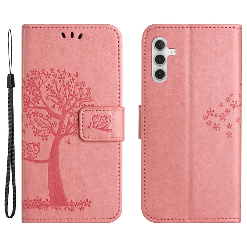 For Samsung Galaxy A35 5G Case Owl Tree Imprinted Leather Stand Wallet Phone Cover - Pink