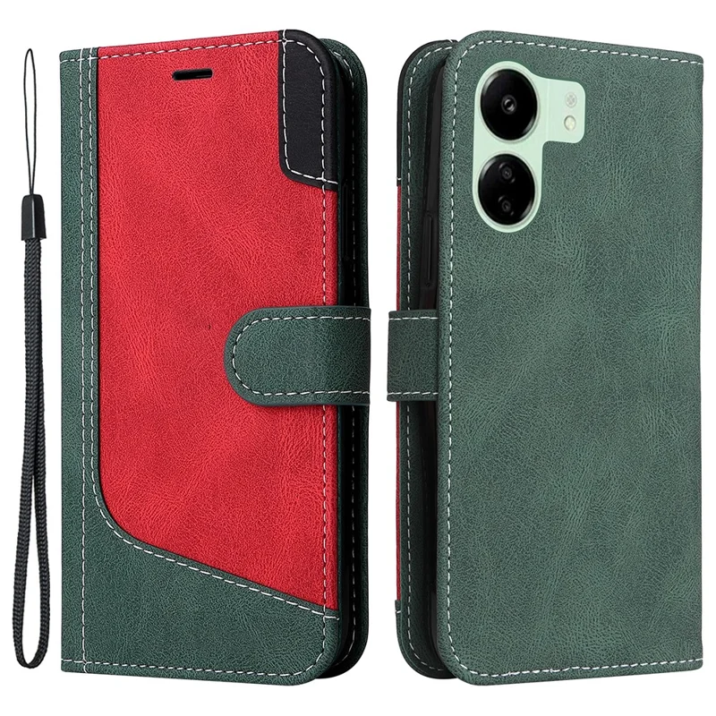 For Xiaomi Redmi 13C 4G / 13C 5G / 13R 5G / Poco M6 5G / Poco C65 4G Phone Case PU Leather Three-Color Splicing Flip Cover - Green