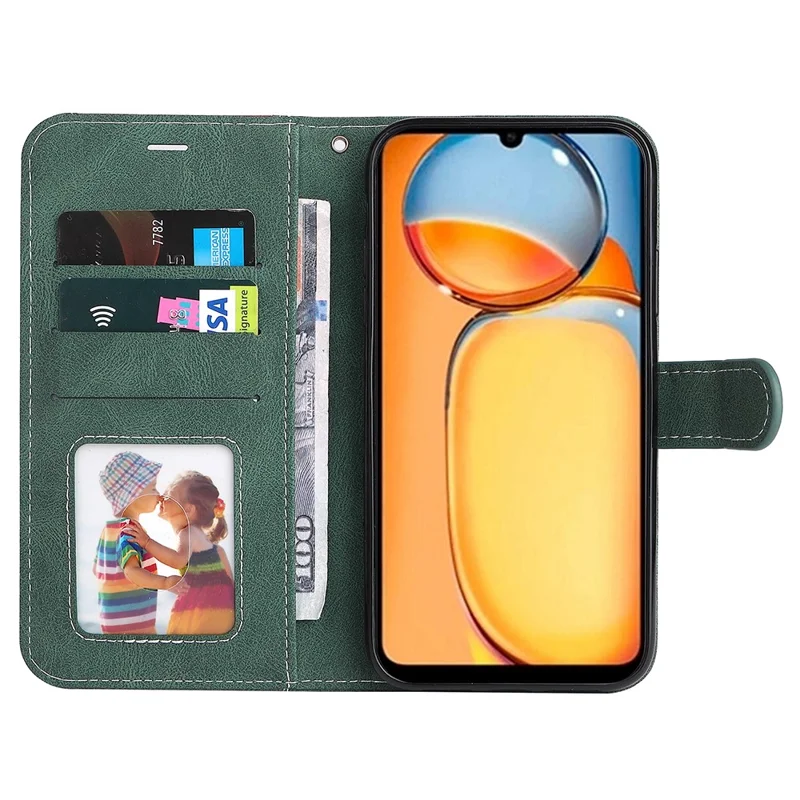 For Xiaomi Redmi 13C 4G / 13C 5G / 13R 5G / Poco M6 5G / Poco C65 4G Phone Case PU Leather Three-Color Splicing Flip Cover - Green
