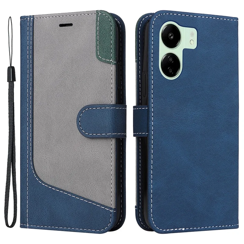 For Xiaomi Redmi 13C 4G / 13C 5G / 13R 5G / Poco M6 5G / Poco C65 4G Phone Case PU Leather Three-Color Splicing Flip Cover - Blue