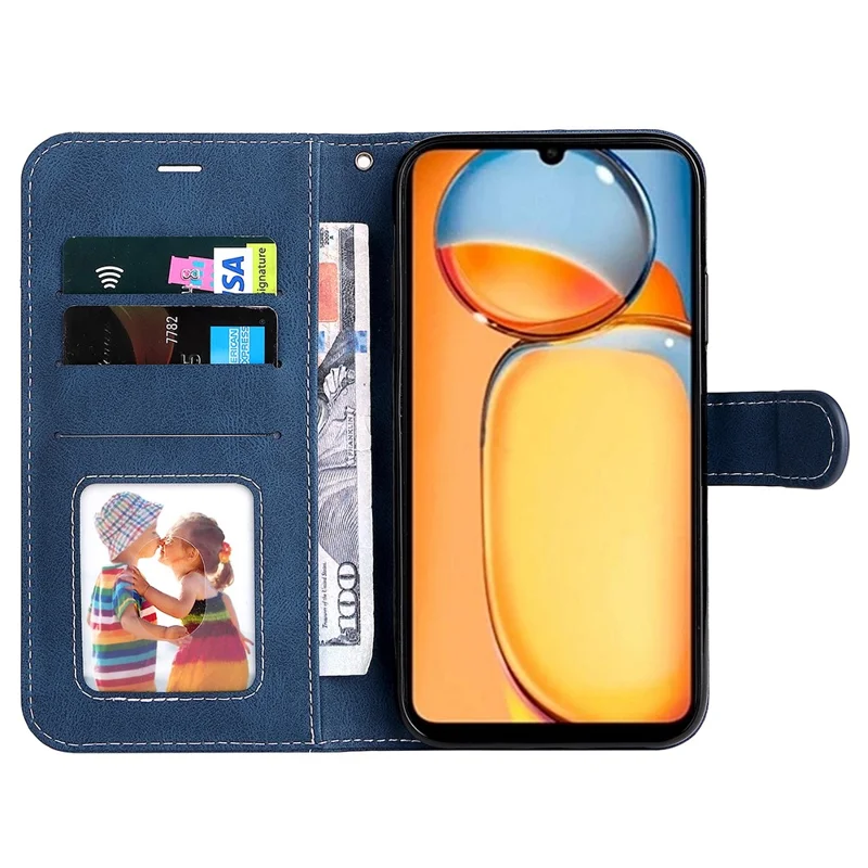 For Xiaomi Redmi 13C 4G / 13C 5G / 13R 5G / Poco M6 5G / Poco C65 4G Phone Case PU Leather Three-Color Splicing Flip Cover - Blue