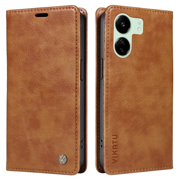 YIKATU YK-006 para Xiaomi Redmi 13C 4G / 13C 5G / 13R 5G / Poco M6 5G / Poco C65 4G Capa de Carteira de Couro PU com Suporte - Marrom
