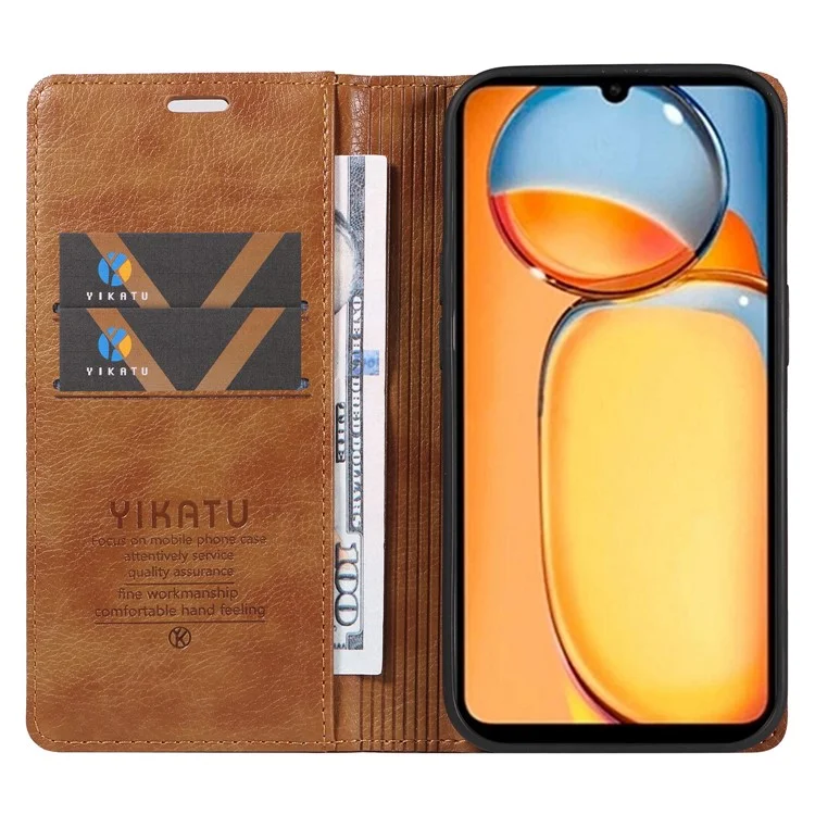 YIKATU YK-006 para Xiaomi Redmi 13C 4G / 13C 5G / 13R 5G / Poco M6 5G / Poco C65 4G Capa de Carteira de Couro PU com Suporte - Marrom