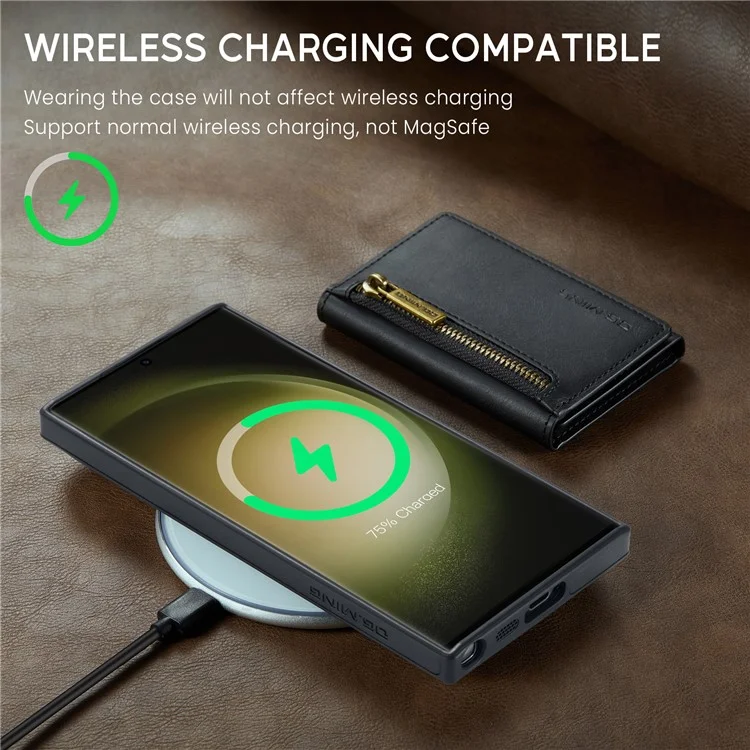 DG.MING M5 Series для Samsung Galaxy S24 Кожаный чехол для мобильного телефона Съемная магнитная бумажник крышка - Черный